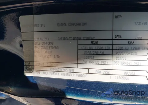 2000 Chevrolet Express Upfitter Pk. из США, поврежденный, VIN 1GBFG15RXY1223806